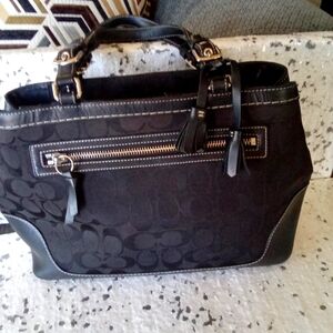 COACH Signature Satchel Leather Canvas Tote Shoulder Bag Black